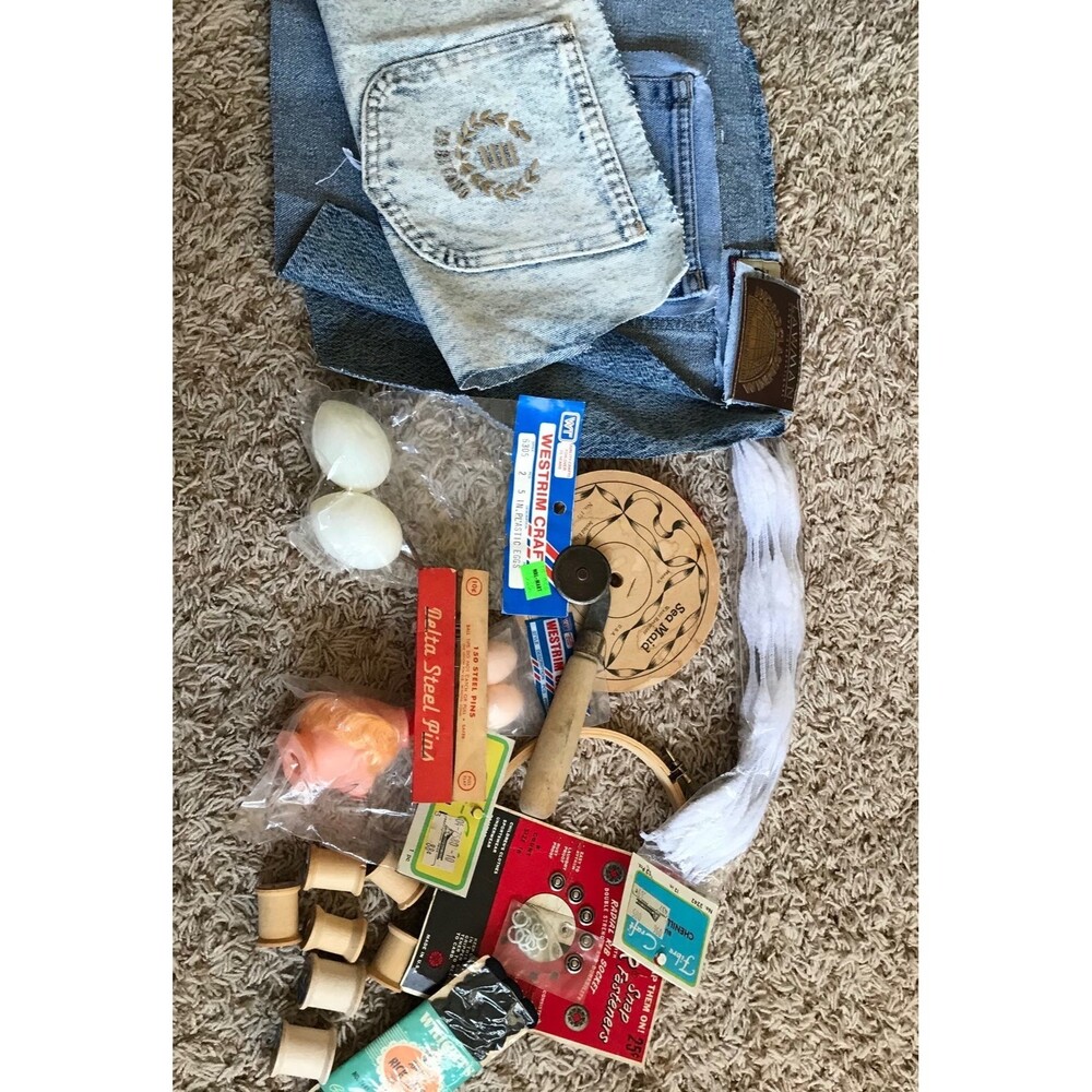 Vintage Craft Box Jean Pockets, Thread, Ribbon, Eggs, Wood Spools, Snaps + More